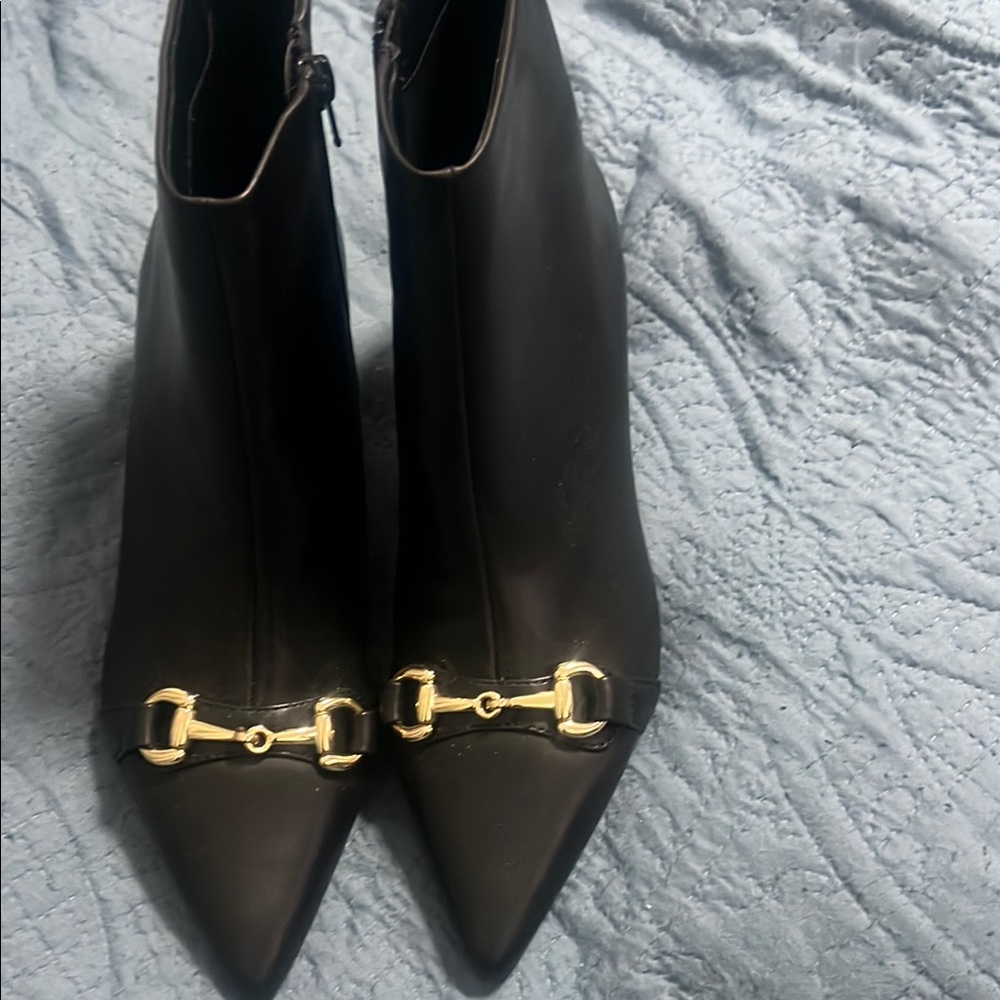 Black Leather Ankle Boots with Gold Detail